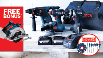 A collection of Bosch Professional tools on a work surface, including a drill, a circular saw, batteries, and a tool bag. A red promotional banner features a free bonus offer. The tools are blue and black, arranged neatly with accessories beside them.