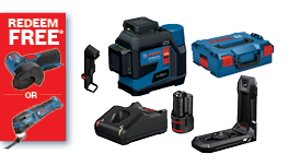 A collection of Bosch Professional tools including a laser level, measuring devices, and a battery pack, on a white background, with a red promotional sign reading "REDEEM FREE" on the left.