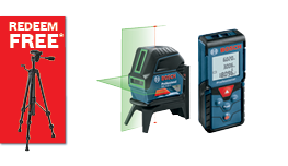 A Bosch Professional laser level in blue is displayed on a white background, next to a measuring device and a red promotional banner for a free tripod offer.