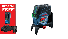 A Bosch Professional laser level in blue and black sits on a stand, next to a red promotional card offering a free item.