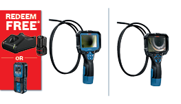 A Bosch Professional inspection camera features a blue and black design. It displays two views on the screen, showcasing the camera's capability. A red promotional card on the left invites users to redeem a free accessory, enhancing the tool's utility.