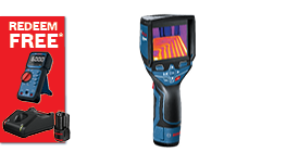 A Bosch Professional thermal camera is displayed on the right, featuring a black and blue design. On the left, a red promotional card states "REDEEM FREE," with an image of a multimeter and charger beneath it. The background is white, emphasizing the products.