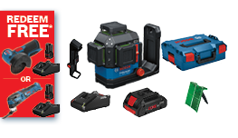 A Bosch Professional laser level set, including a laser device, remote control, batteries, and a case, on a white background.