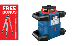 A blue Bosch Professional laser level is positioned in the center, with a red promotional banner featuring a free bonus offer for measuring tools on the left side. The laser level has a digital display and sturdy handles, emphasizing its professional use in construction or surveying tasks.