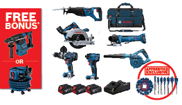 A collection of Bosch Professional tools including a blue reciprocating saw, drill, and circular saw, arranged on a white background. A black carrying case and multiple batteries are visible, alongside a vacuum and a set of drill bits. A red promotional banner reads "REDEEM FREE" in bold white letters, adding a vibrant contrast.