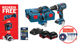 A Bosch Professional tool set featuring a blue cordless drill and impact driver, battery packs, a toolbox, and accessories on a white background, promoting a free redemption offer.