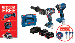 A promotional image featuring Bosch Professional power tools, including a drill, impact driver, batteries, and a tool box. Tools are arranged neatly on a white background, with a red banner stating "REDEEM FREE" on the left. The tools are blue and black, emphasizing a professional look. Various drill bits are also present, indicating versatility.