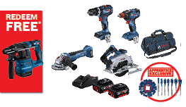 A collection of Bosch Professional power tools in blue, including a jigsaw, drill, and circular saw, with batteries and a tool bag, alongside a red promotional banner stating 'REDEEM FREE'.