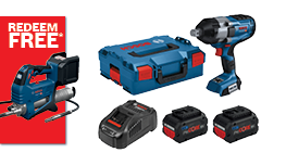 A Bosch Professional impact wrench in blue is displayed beside a black storage case, two batteries, and a charger. Red accents are visible on the batteries and the case. The background includes a promotional red banner stating 'REDEEM FREE'.