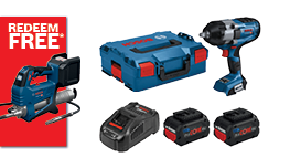 A blue Bosch Professional cordless tool set featuring a drill, a driver, and two batteries, with a red promotional banner.