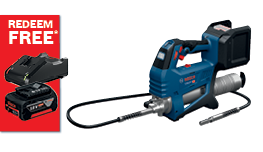 A blue Bosch Professional cordless grease gun is displayed on a white background, alongside a red promotional card that says 'REDEEM FREE'. The grease gun features a sleek design with a trigger, flexible hose, and battery compartment. The card highlights a battery offer, creating a professional tool advertisement atmosphere.