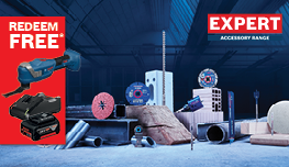 A variety of Bosch Professional tools and accessories are arranged in an industrial setting, featuring a blue cordless tool, various cutting discs, and building materials like bricks and metal pipes, with promotional text for 'Redeem Free' and 'Expert Accessory Range' in bold red.