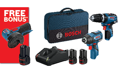 A Bosch Professional tool set featuring a blue drill, a blue impact driver, two batteries, and a charger in a case, with a red "Free Bonus" label.