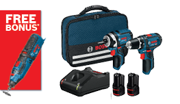 A Bosch Professional toolkit featuring two blue and black cordless drills, a charger, and two batteries, all in a carrying case. A red promotional tag reads 'FREE BONUS'.