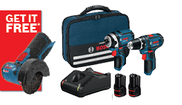 A Bosch Professional tool kit featuring a blue cordless drill and impact driver, a charger, two batteries, and a carrying case, with a promotional sticker in the corner.