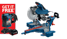 A blue Bosch Professional miter saw is displayed next to a red promotional banner for a free accessory.