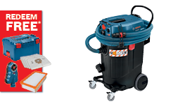 A Bosch Professional vacuum cleaner with a blue hose is displayed alongside a promotional red banner advertising free items.