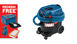 A blue Bosch Professional vacuum cleaner is displayed next to a red promotional advertisement featuring products and offers. The vacuum has a cylindrical design with a black base and a blue top, including a hose and various controls.