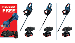 A Bosch Professional battery-powered shears in blue, displayed on a red background with accessories.