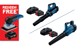 A Bosch Professional sander in blue is displayed alongside two black leaf blowers and batteries, on a red promotional background.