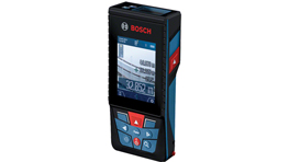 A Bosch Professional laser distance measurer in black and blue with a display and buttons.