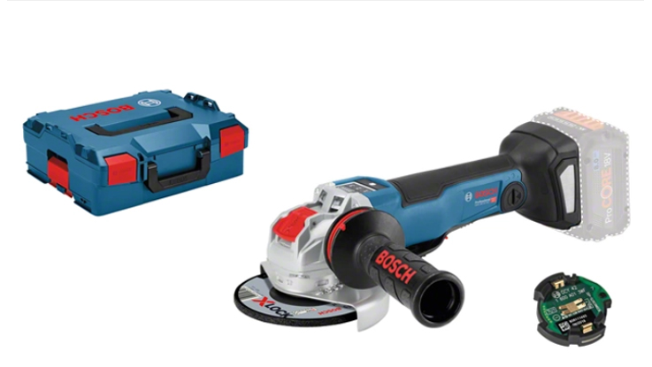 A blue Bosch Professional angle grinder with a battery, next to a toolbox and a circular saw blade.