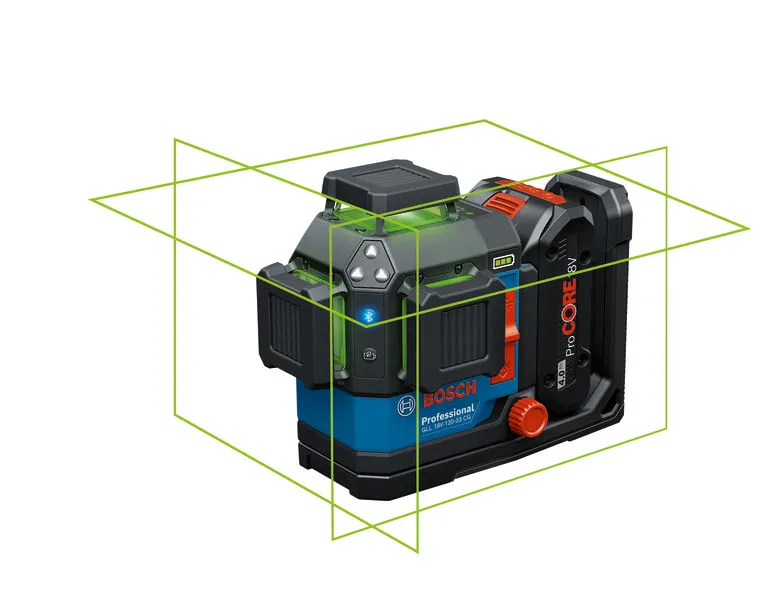Bosch GLL 18V-120-33 CG laser leveling tool with Bluetooth.