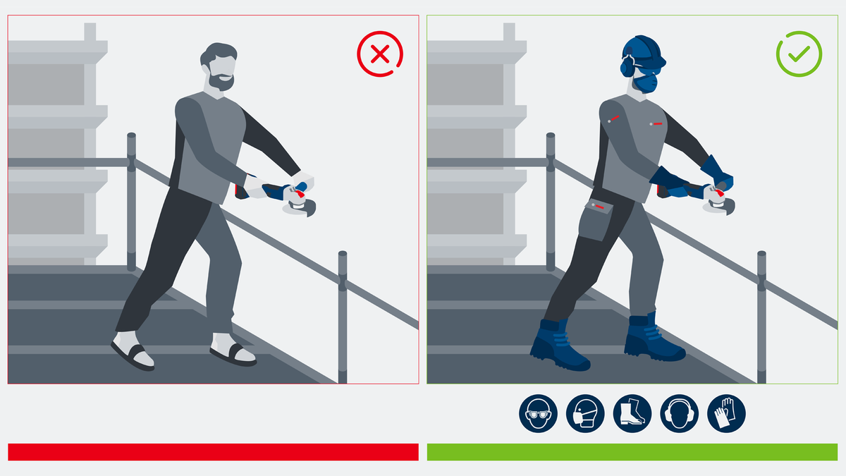 Object #200382364: FAQ_Illustrations_DiamondCuttingDisc_Illu_1 A person uses a grinder on scaffolding, wearing safety equipment on the right side.