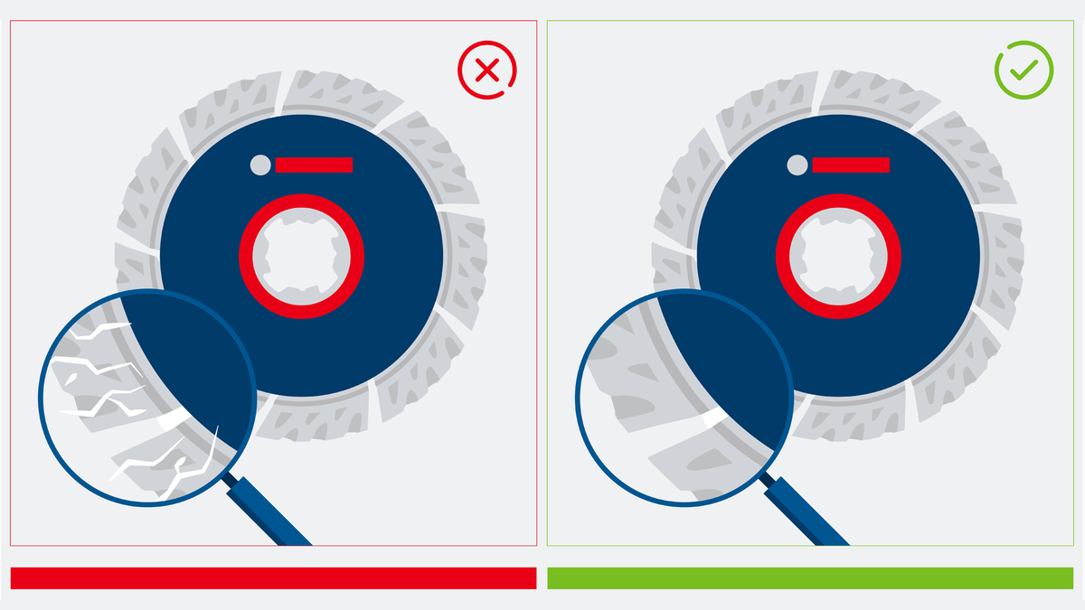 Object #200382365: FAQ_Illustrations_DiamondCuttingDisc_Illu_1.2 Magnifying glass inspects cutting discs to compare worn and intact blade edges.