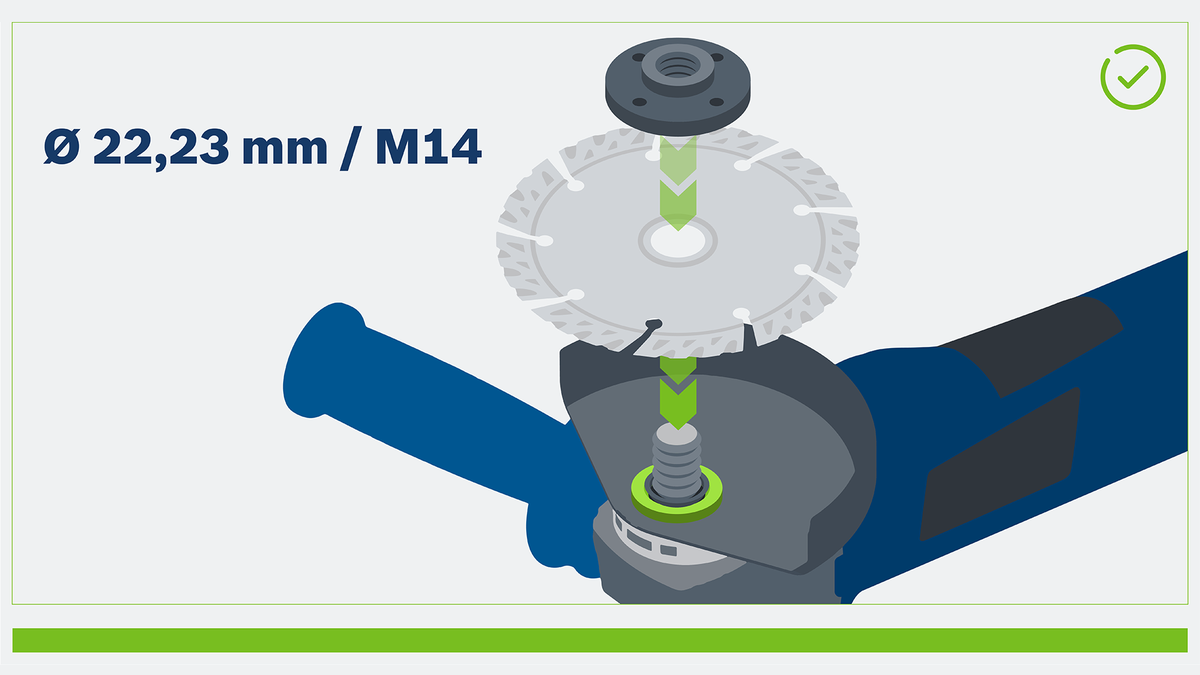 Object #200382368: FAQ_Illustrations_DiamondCuttingDisc_Illu_1.5.1 Diamond blade being mounted onto an angle grinder with a handle.