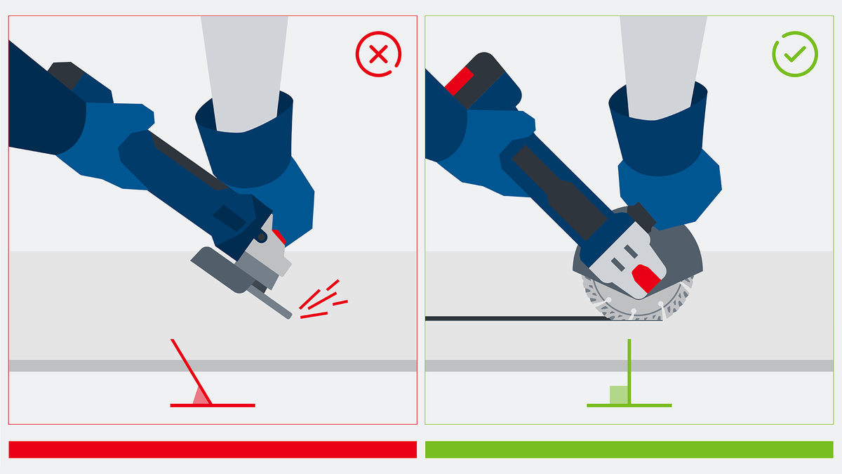 Object #200382384: FAQ_Illustrations_DiamondCuttingDisc_Illu_1.17 Person wearing safety equipment uses an angle grinder correctly to cut a straight line.