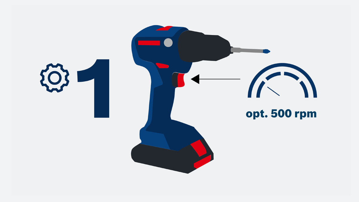 Object #200566947: 04_What_speed_and_gear_to_use_EN_GB_1920x1080 Bosch drill on gear 1, optimal speed 500 rpm.