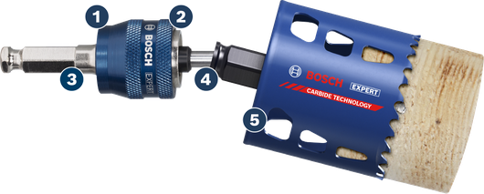 Bosch Expert hole saw with carbide technology drilling wood.