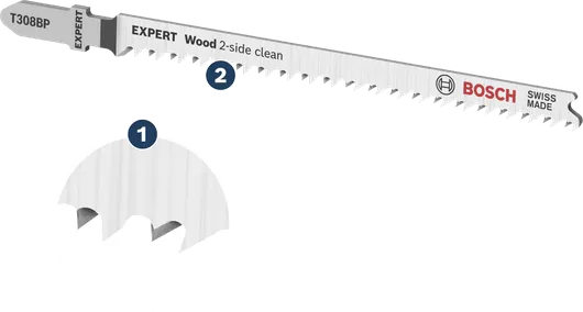 Bosch T308BP jigsaw blade for 2-side clean wood cutting.
