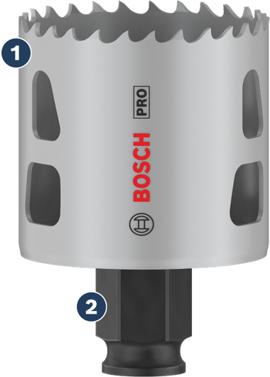 Bosch hole saw with carbide teeth for fast cutting.