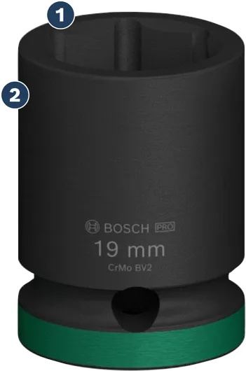 Bosch 19 mm impact socket with green marking.