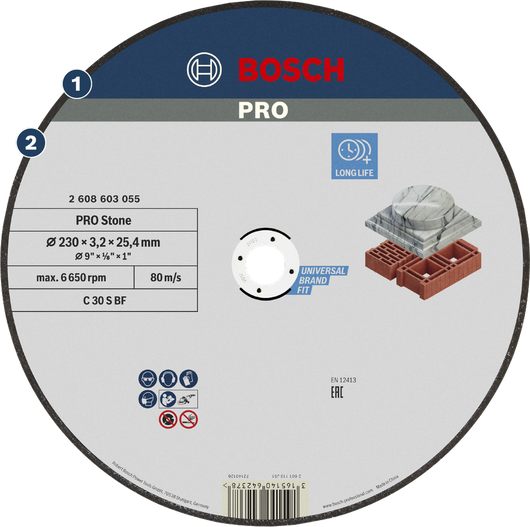 Bosch PRO Stone Cutting Disc 230 x 3.2 x 25.4 mm for long life.