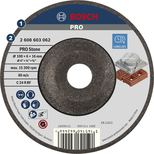 Bosch PRO Stone Grinding Disc 100 x 6 x 16 mm for stone.