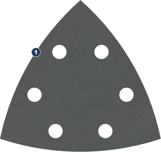 Bosch sanding sheet delta with six dust extraction holes.