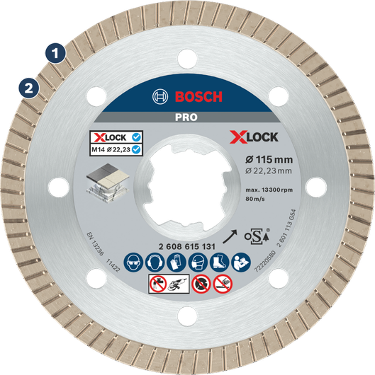 Bosch X-LOCK 115 mm diamond cutting disc for tiles.