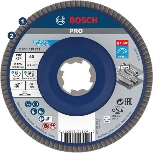 Bosch X571 flap disc for metal and stainless steel grinding.