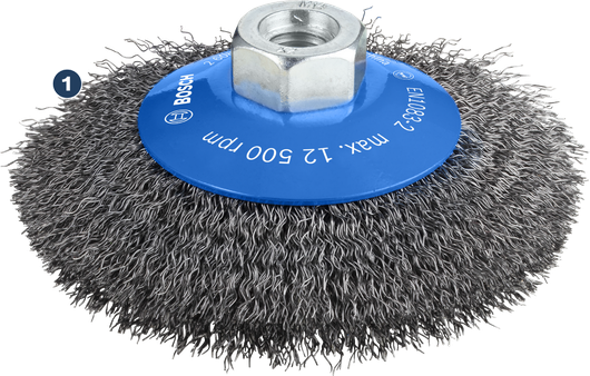 Bosch wire cup brush for metal surface cleaning.