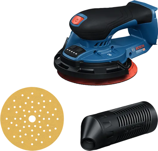 Bosch GEX 18V-150 random orbit sander with pad and dust filter.
