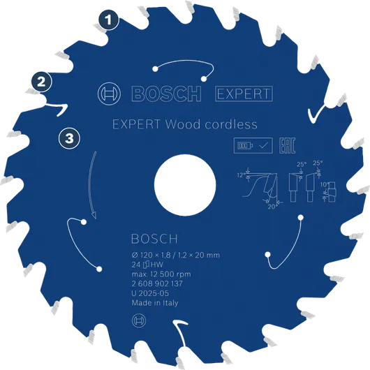 Bosch Expert Wood cordless saw blade for clean cuts.