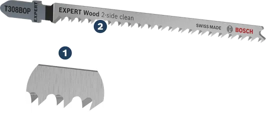 Bosch EXPERT Wood 2-side clean jigsaw blade, ground teeth.