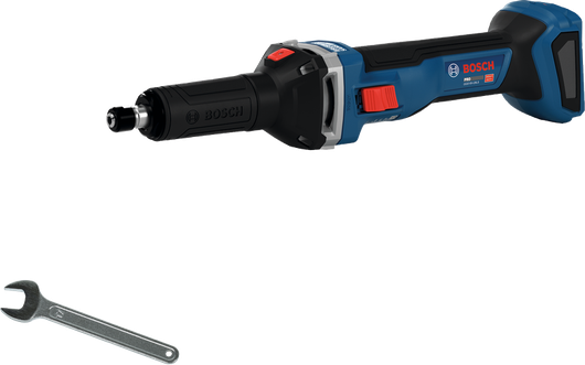 Bosch GGS18V-28LS cordless straight grinder with wrench.