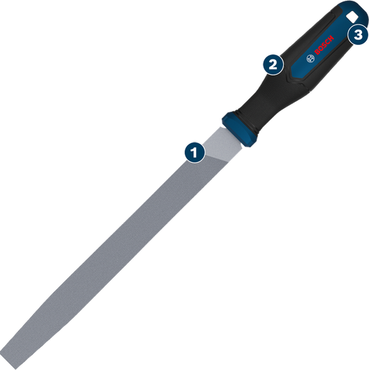Bosch flat hand file with ergonomic black and blue handle.