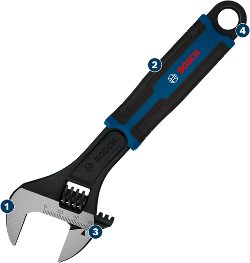 Bosch adjustable wrench with ergonomic grip.