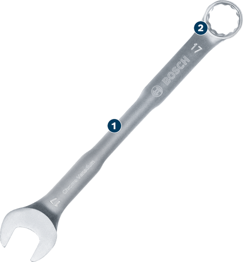 Bosch combination wrench with 17 mm open and ring ends.