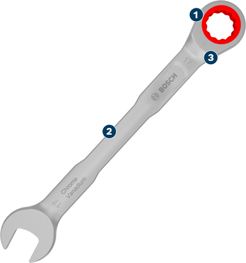 Bosch chrome vanadium combination wrench with spider ring.